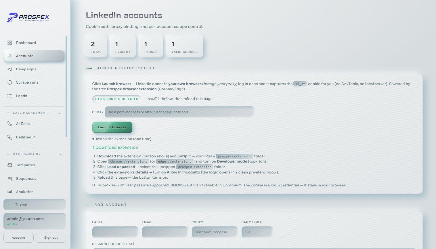 Prospex accounts screen — proxy binding and cookie auth