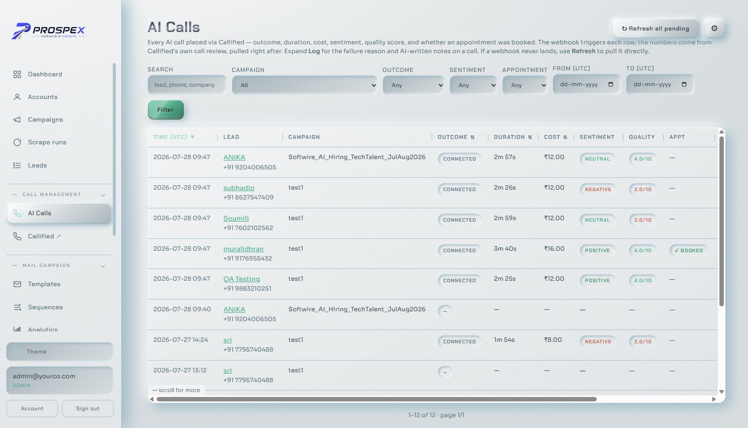 AI Calls — outcome, duration, cost, sentiment, quality