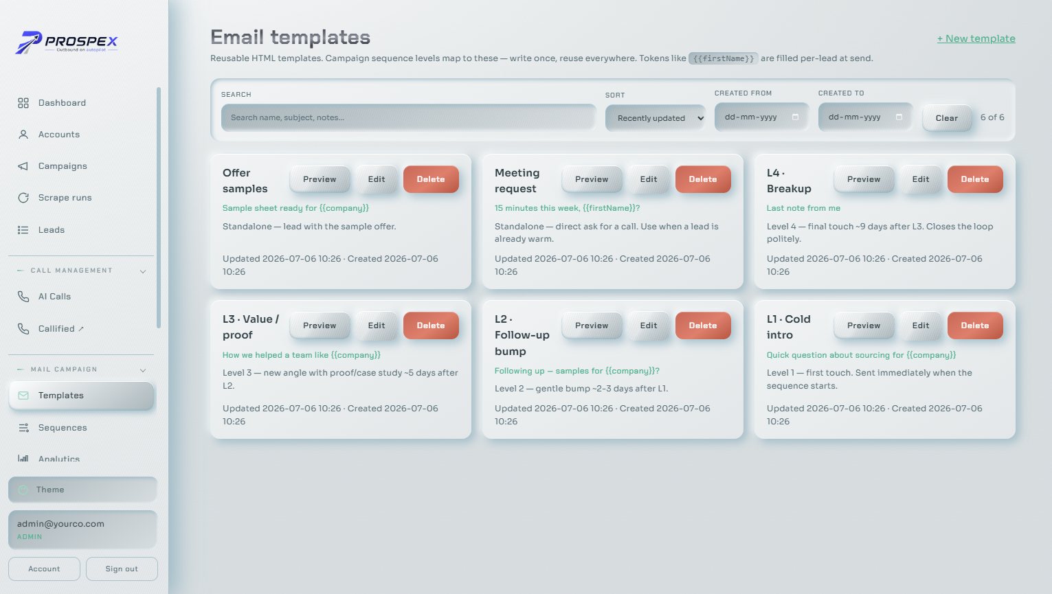 Email templates — reusable, token-based sequences